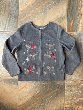 Croft & Barrow M Gray Fleece Jacket Cardinal Embroidery Winter Zip Up Sweater
